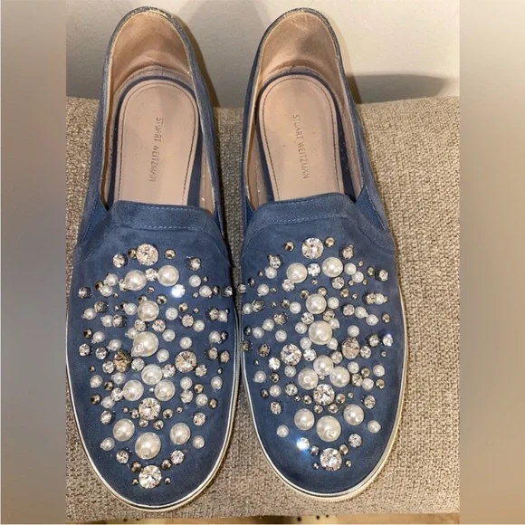 Stuart Weitzman Pearl Crystal Embellished Decor
White Platform Sneakers Slip Ons - Picture 12 of 14